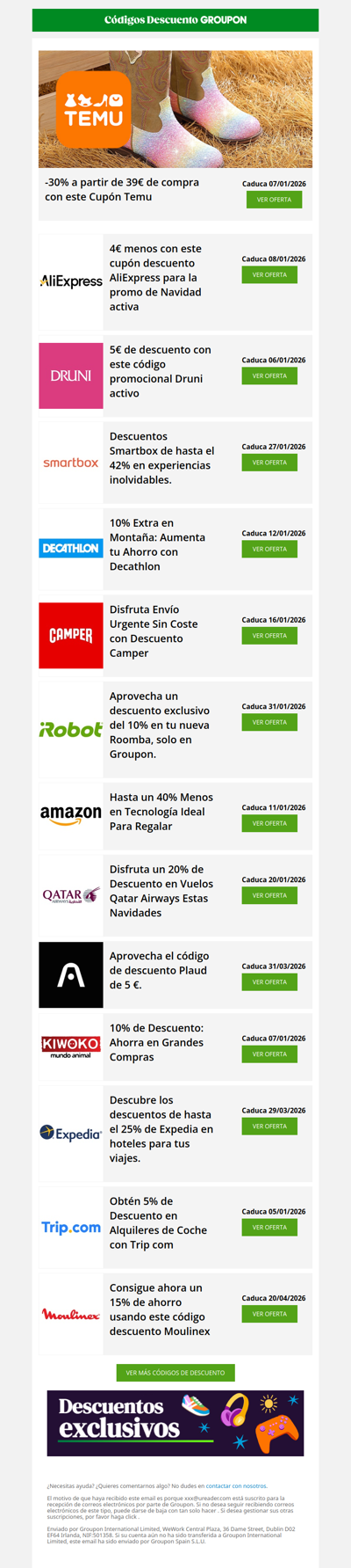 Druni - 5€ • Expedia - 25% • Temu - 30%