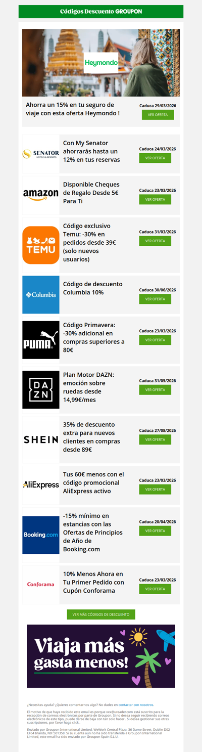 Heymondo - 15% • Booking.com - 15% • Temu - 30%