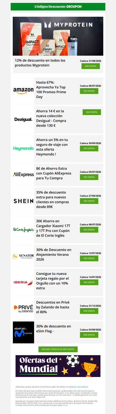 Myprotein - 12% · AliExpress - 8€ · Heymondo - 5%