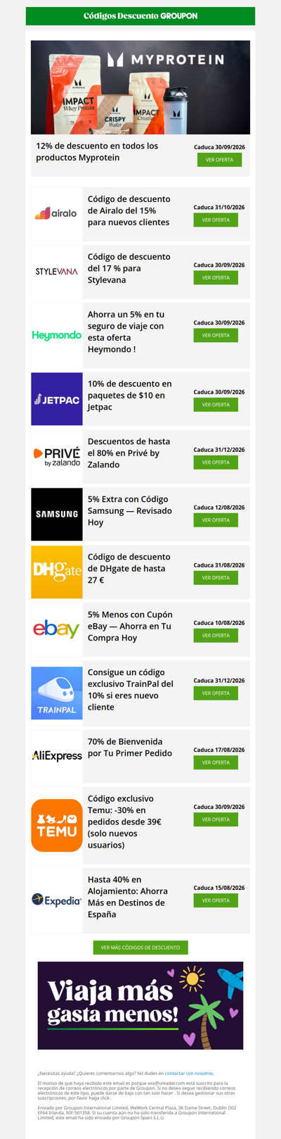 Myprotein - 12% dto • Airalo - 15% Nuevos • Heymondo - 5% seguro