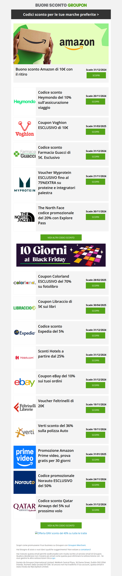 Codice sconto Expedia del 5% I Amazon -10€ I Samsung -20% I Traghetti GNV -40% I MyProtein codice sconto del 75% I Hotels.com -25%