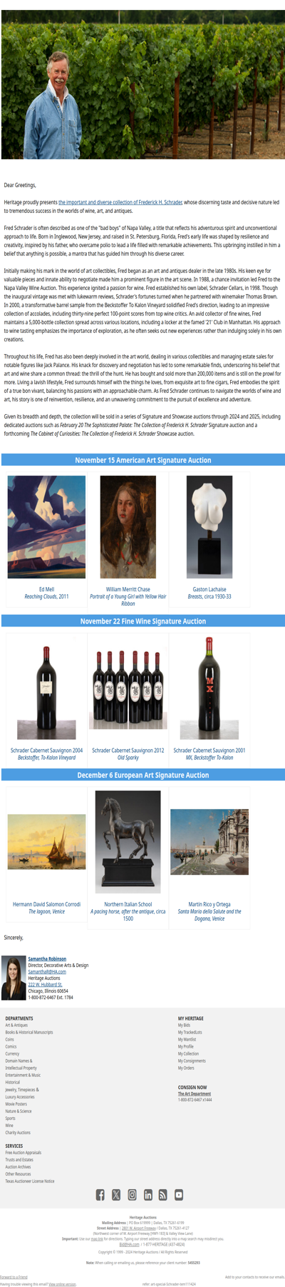 Heritage proudly presents The Collection of Frederick H. Schrader, Napa Valley