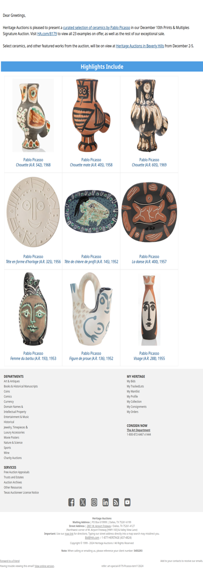 Stunning Selection of Picasso Ceramics in our December 10 Prints & Multiples Auction