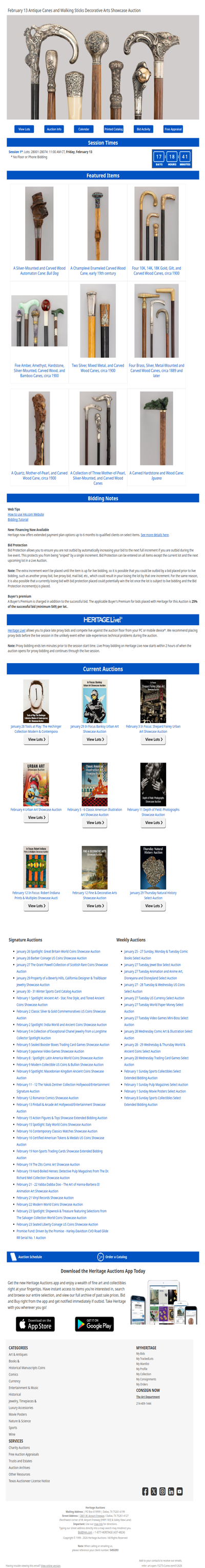 Bid Now: February 13 Antique Canes and Walking Sticks Decorative Arts Showcase Auction