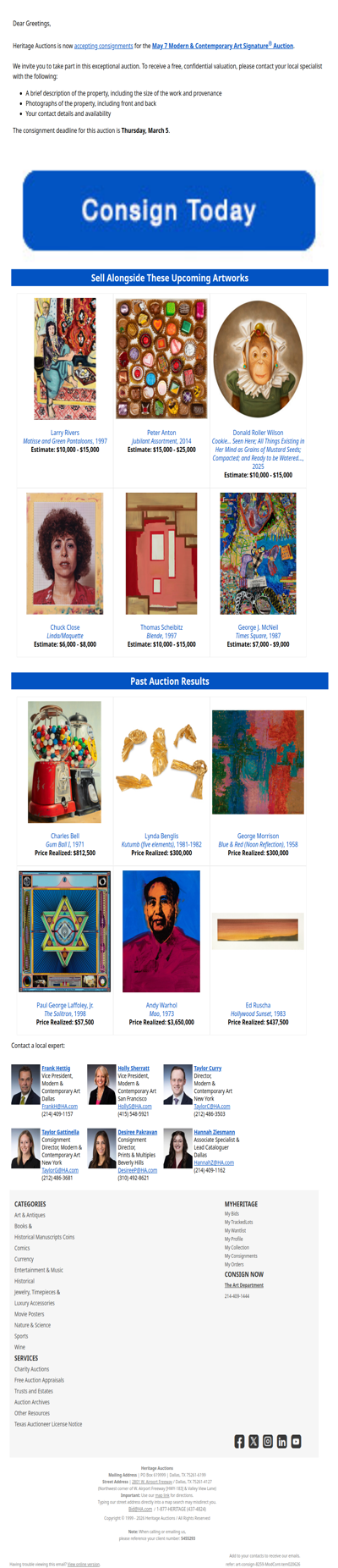Consign to our May 7 Modern & Contemporary Art Auction