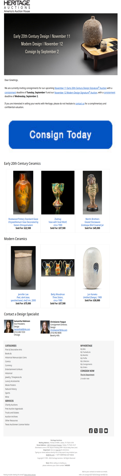 Consign Ceramics to Heritage’s November 11-12 Design Auctions