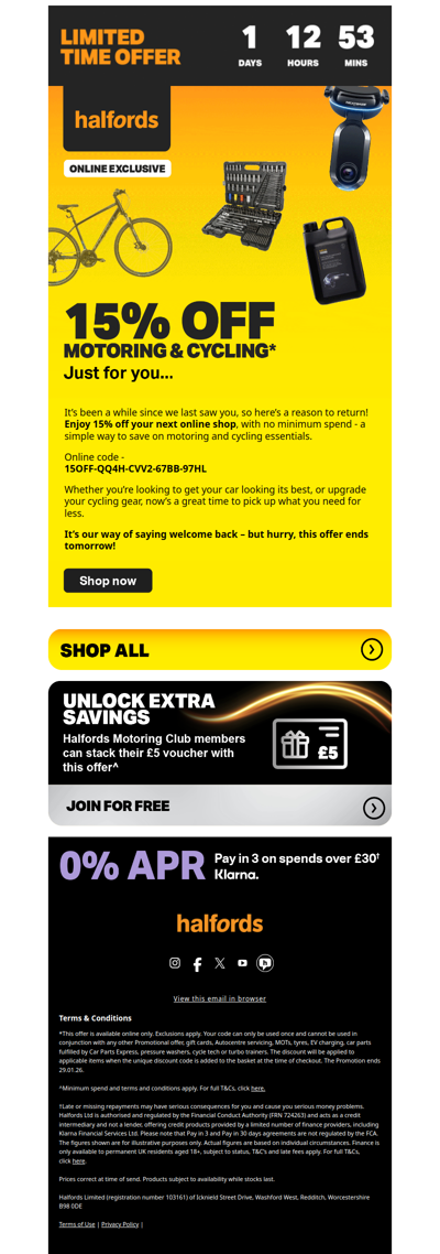 🚨 LAST CHANCE | 15% OFF MOTORING & CYCLING!