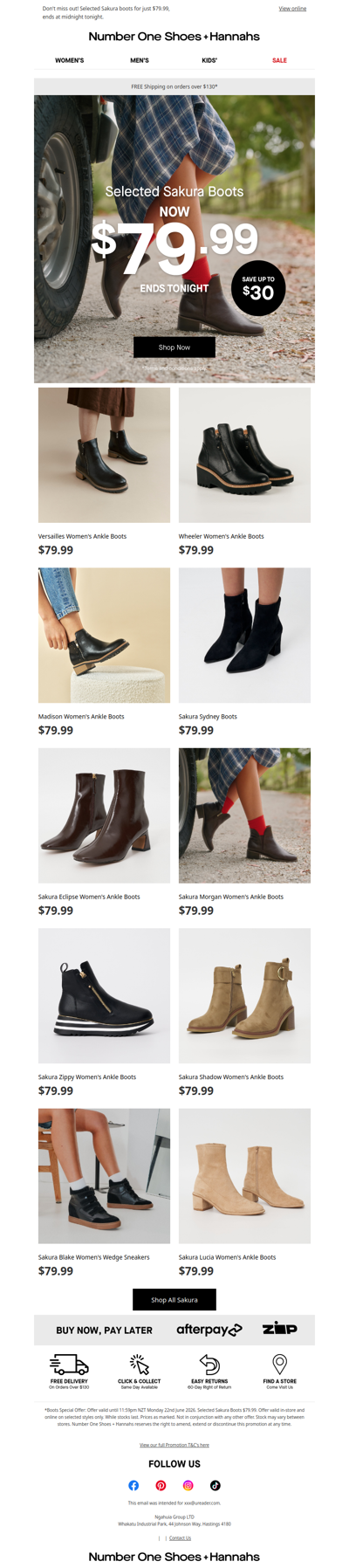 ENDS TONIGHT! Sakura Boots for $79.99