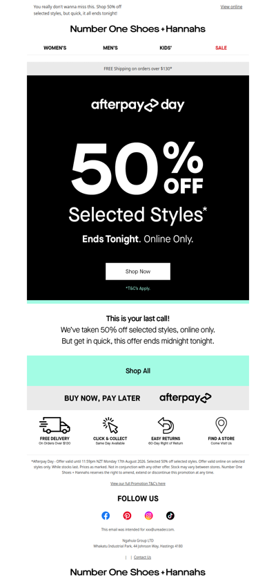 Afterpay Day 50% off ENDS TONIGHT!