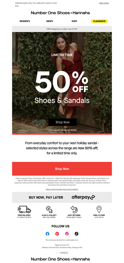 Get 50% off shoes and sandals today!