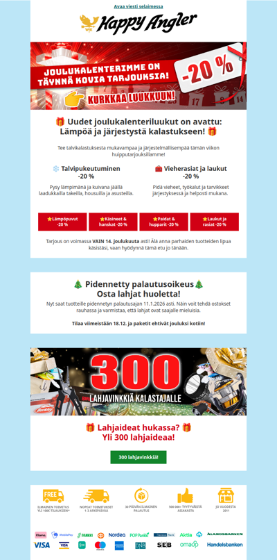 🎁 Joulukalenterin seuraavat luukut avattu: Lämpöpuvut, paidat, hanskat, rasiat ja viehelaukut -20 %