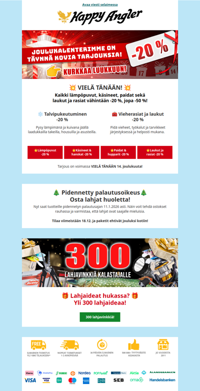 🎁 Joulukalenteri: Lämpöpuvut, paidat, hanskat, rasiat ja viehelaukut VIELÄ TÄNÄÄN -20 %