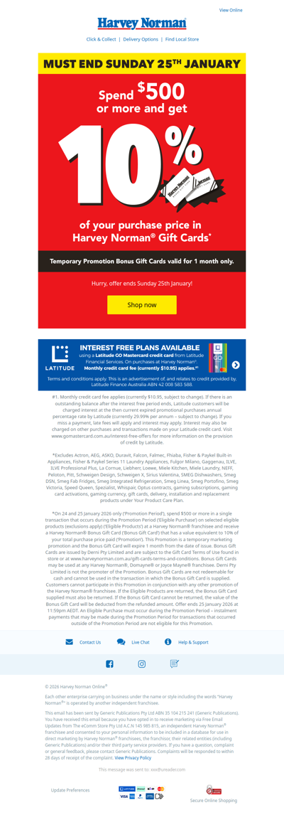 Must End Sunday 25th of January | Bonus* Gift Card Offer