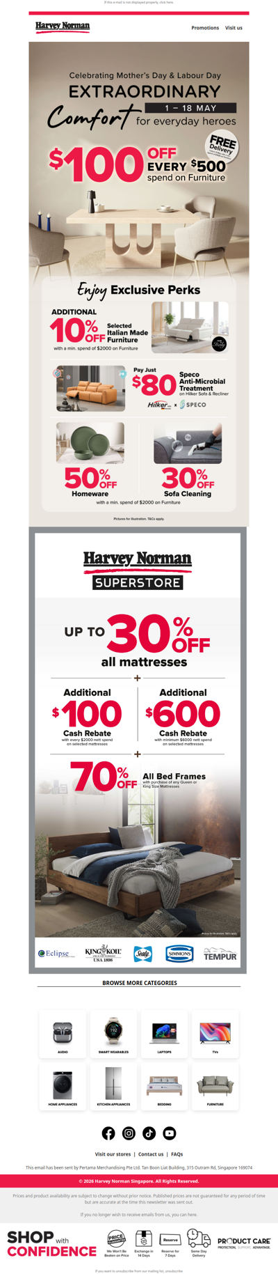 Celebrate this Mother's Day & Labour Day with $100 off every $500 spend on Furniture!