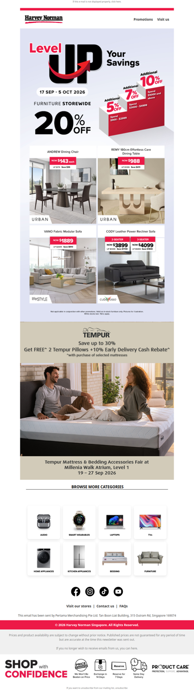 Level Up Your Savings With 20% Furniture Storewide Deals + Additional 10% OFF! T&Cs apply.
