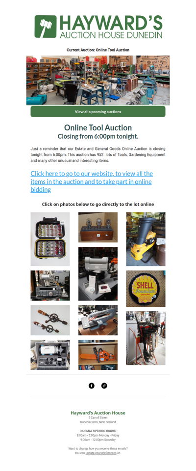 A reminder to customers that our current Online Tool Auction is closing from 6:00pm tonight.