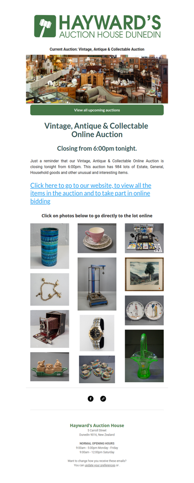 A reminder to customers that our current Vintage, Antique & Collectable Auction is closing from 6:00pm tonight.