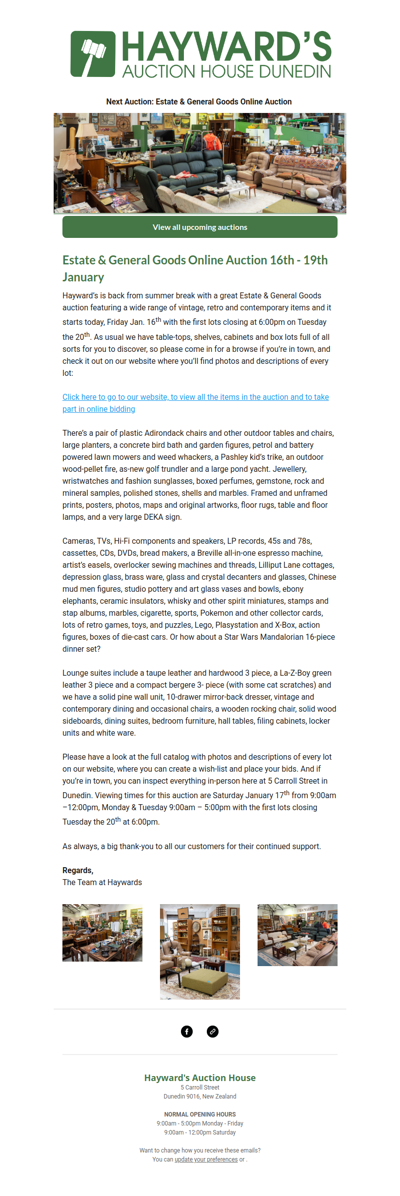 Customers can now view our first Estate & General Goods Online Auction of the year, starting Friday January 16th and ending on Tuesday the 20th.