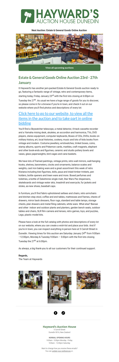 Customers can now view our next Estate & General Goods Online Auction, starting today, Friday January 23rd and ending on Tuesday the 27th.