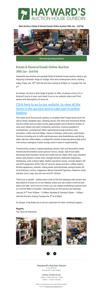 Customers can now view our next Estate & General Goods Online Auction, starting today, Friday January 30th and ending on Tuesday February the 3rd.