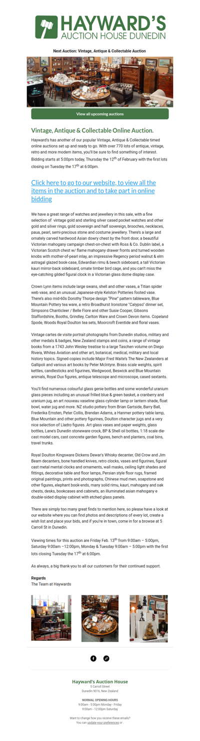 Customers can now view our Vintage, Antique & Collectable Online Auction of the year, running from Thursday the 12th  to  17th of February.