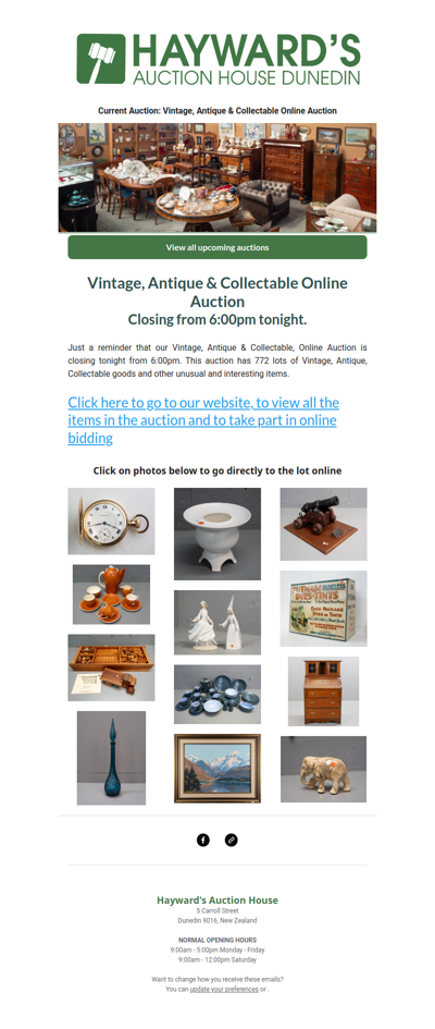 A reminder to customers that our current Vintage, Antique & Collectable Auction is closing from 6:00pm tonight.