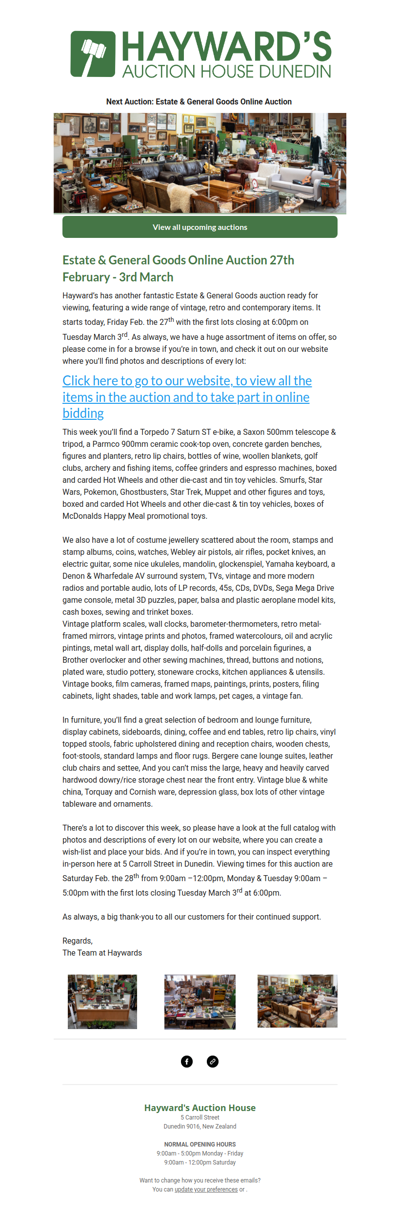 Our next Estate & General Goods Online Auction is ready to go, starting today, February the 27th and ending on Tuesday the 3rd of March.