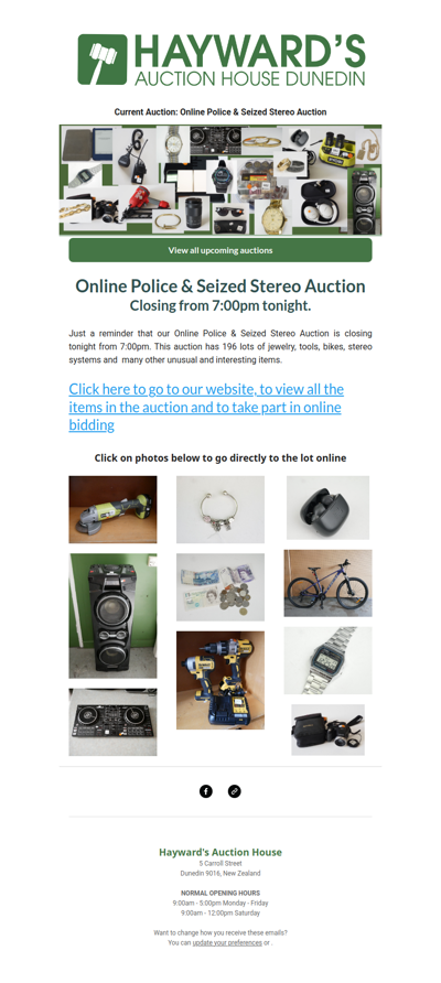 A reminder to customers current Online Police Auction & Seized Stereos Auction is closing from 7:00pm tonight.