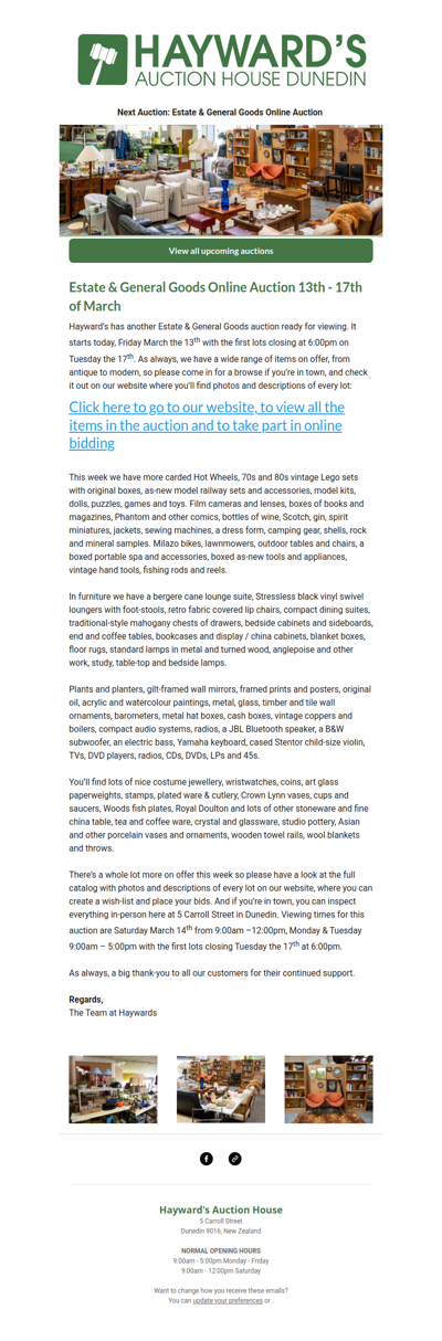 Our next Estate & General Goods Online Auction is ready to go, starting today, Friday March the 13th and ending on Tuesday the 17th.