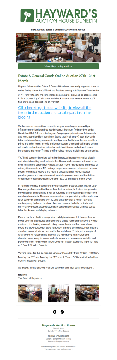 Our next Estate & General Goods Online Auction is ready to go, starting today, Friday March the 27th and ending on Tuesday the 31st.