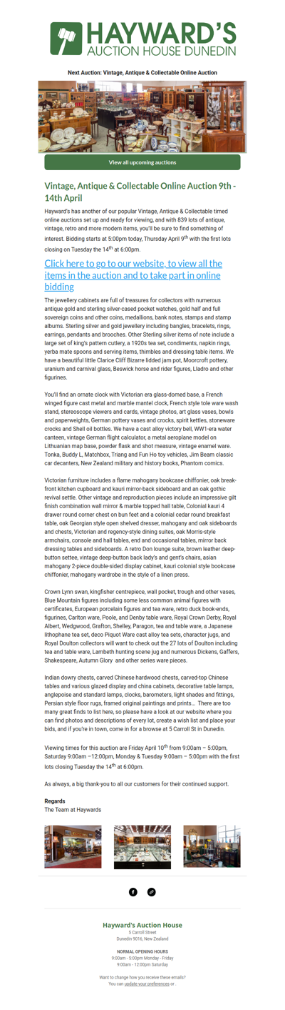 Customers can now view our next Vintage, Antique & Collectable Online Auction, running from today, Thursday the 9th of April to Tuesday the 14th.