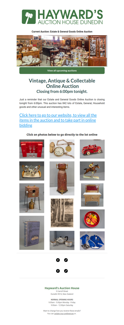 A reminder to customers that our current Vintage, Antique & Collectable Auction is closing from 6:00pm tonight.