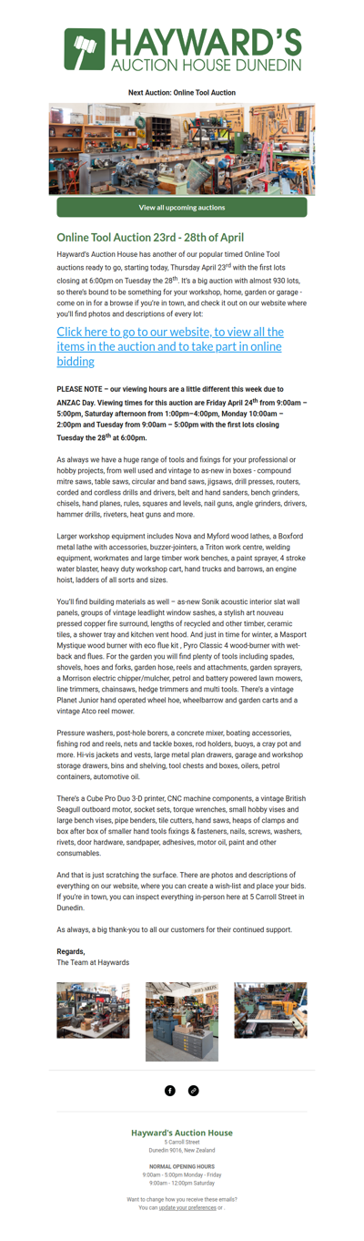 We are now ready for customers to view our next Online Tool Auction, running from Thursday April 23rd to Tuesday the 28th 2026.