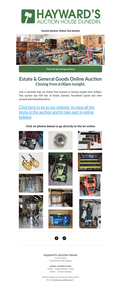 A reminder to customers that our current Online Tool Auction is closing from 6:00pm tonight.