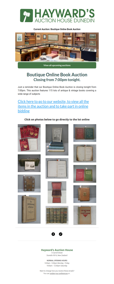 A reminder to customers that our current Boutique Book Online Auction is closing from 7:00pm tonight.