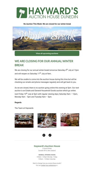 We are closing for our annual winter break tomorrow Saturday 4th July at 12pm and will reopen on Saturday 11th July at 9am.