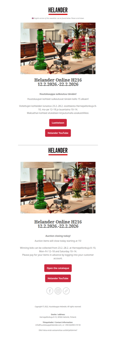 Huutokauppa sulkeutuu tänään! Online Auction closing today!