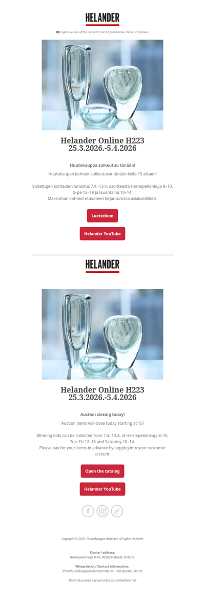 Huutokauppa sulkeutuu tänään! Online Auction closing today!