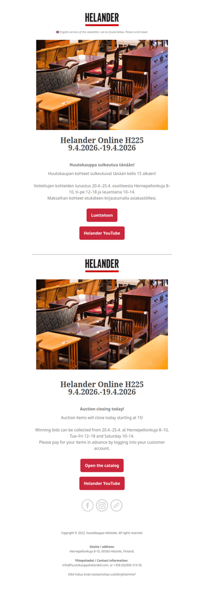 Huutokauppa sulkeutuu tänään! Online Auction closing today!