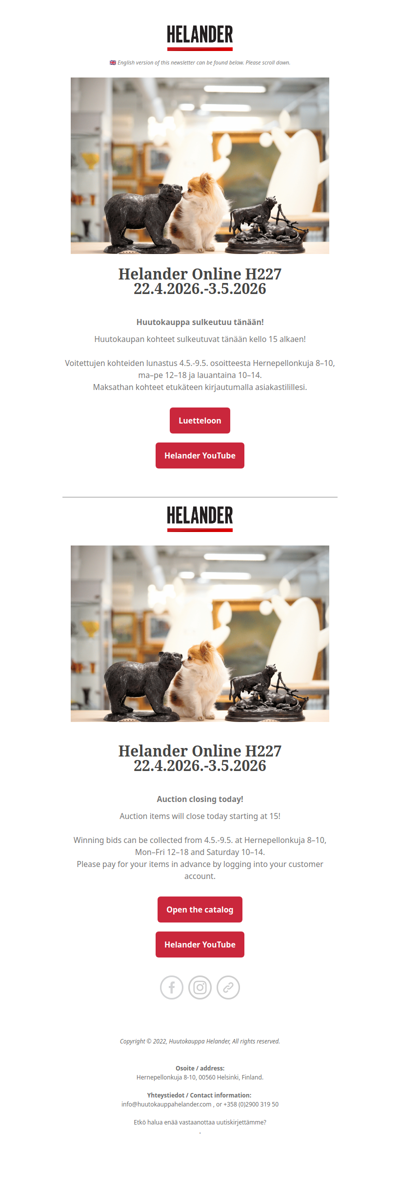 Huutokauppa sulkeutuu tänään! Online Auction closing today!