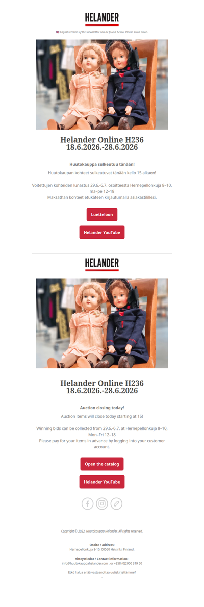 Huutokauppa sulkeutuu tänään! Online Auction closing today!