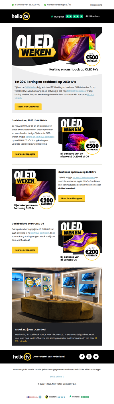 Tot 20% korting én cashback op OLED televisies