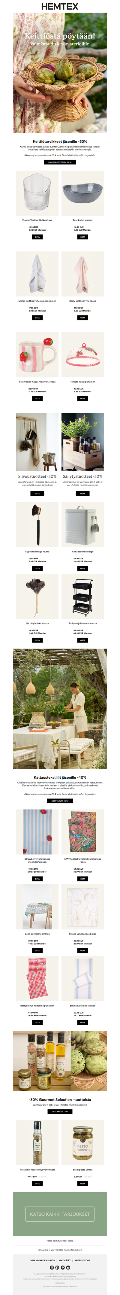 Jopa -50% keittiötarvikkeista ja kauttaustekstiileistä jäsenille 🍓