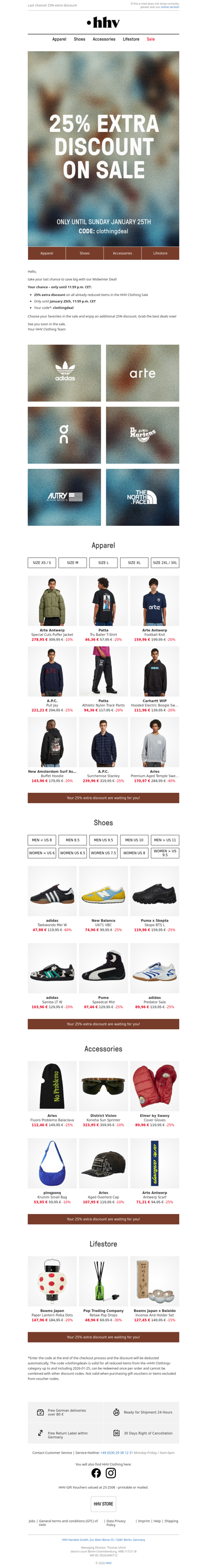 Only until 11:59 p.m. CET - 25% extra discount on Clothing sale!