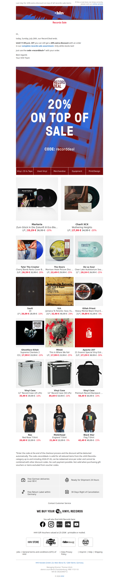 Only until 11:59 p.m. CET - 20% extra discount on all records sale items!