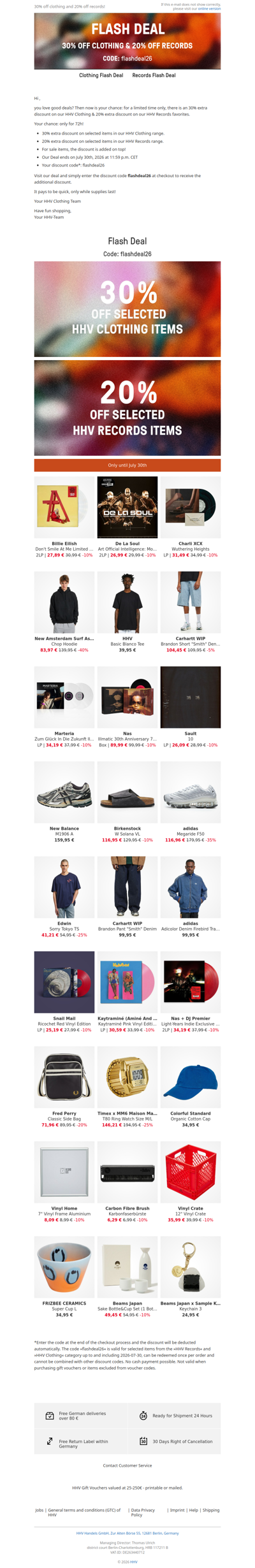 Only for 72 hours! 30% off clothing items & 20% off records! Only until July 30th!