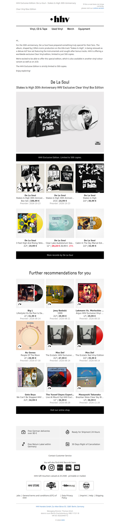 HHV Exclusive Edition: De La Soul - Stakes Is High 30th Anniversary Clear Vinyl Box Edition