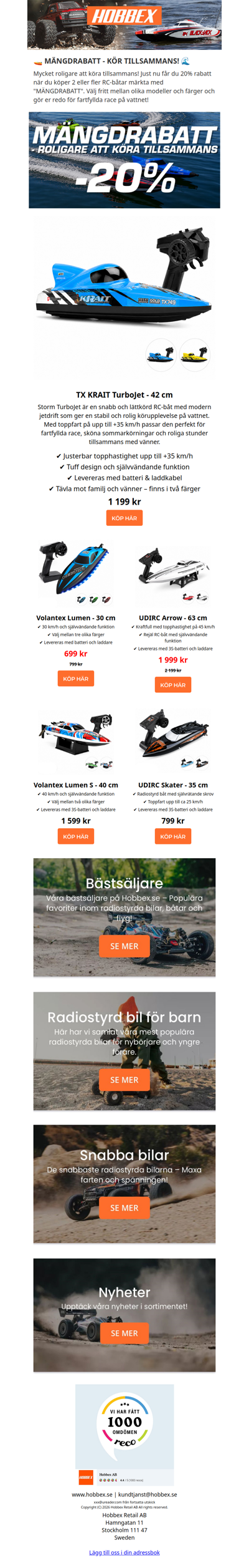 MÄNGDRABATT 🚤 Köp 2 RC-båtar och få 20% rabatt