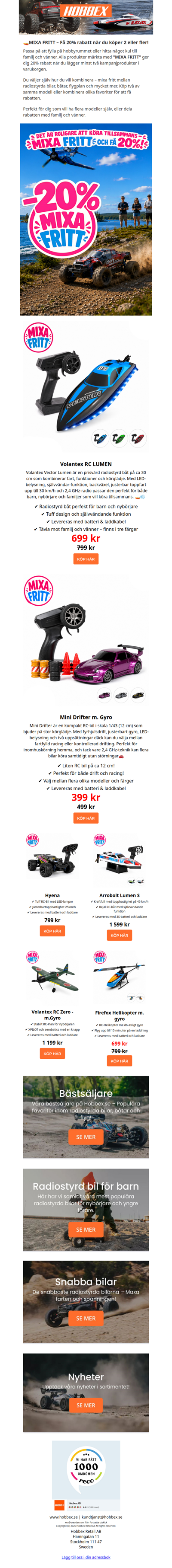 MIXA FRITT -  RC-bilar, båtar & flyg – få 20% rabatt