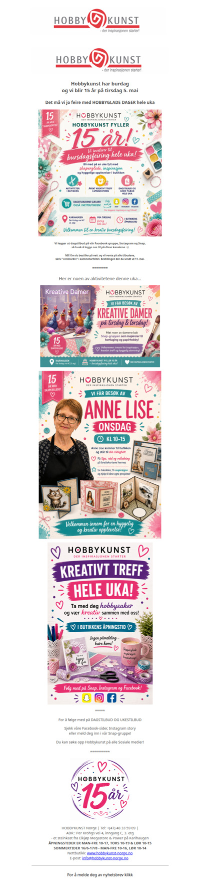 Hobbykunst er 15 år og vi feirer hele uka!